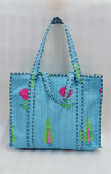 Handblock Printed Quilted Tote Bag with concealed zip ( 17x18x 6 inches)