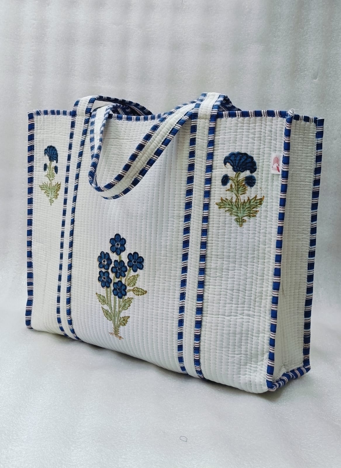 Classic White Block Printed Quilted Tote Bag without zip/button 17x18x 6 inches