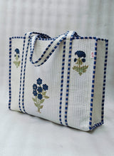 Classic White Block Printed Quilted Tote Bag without zip/button 17x18x 6 inches