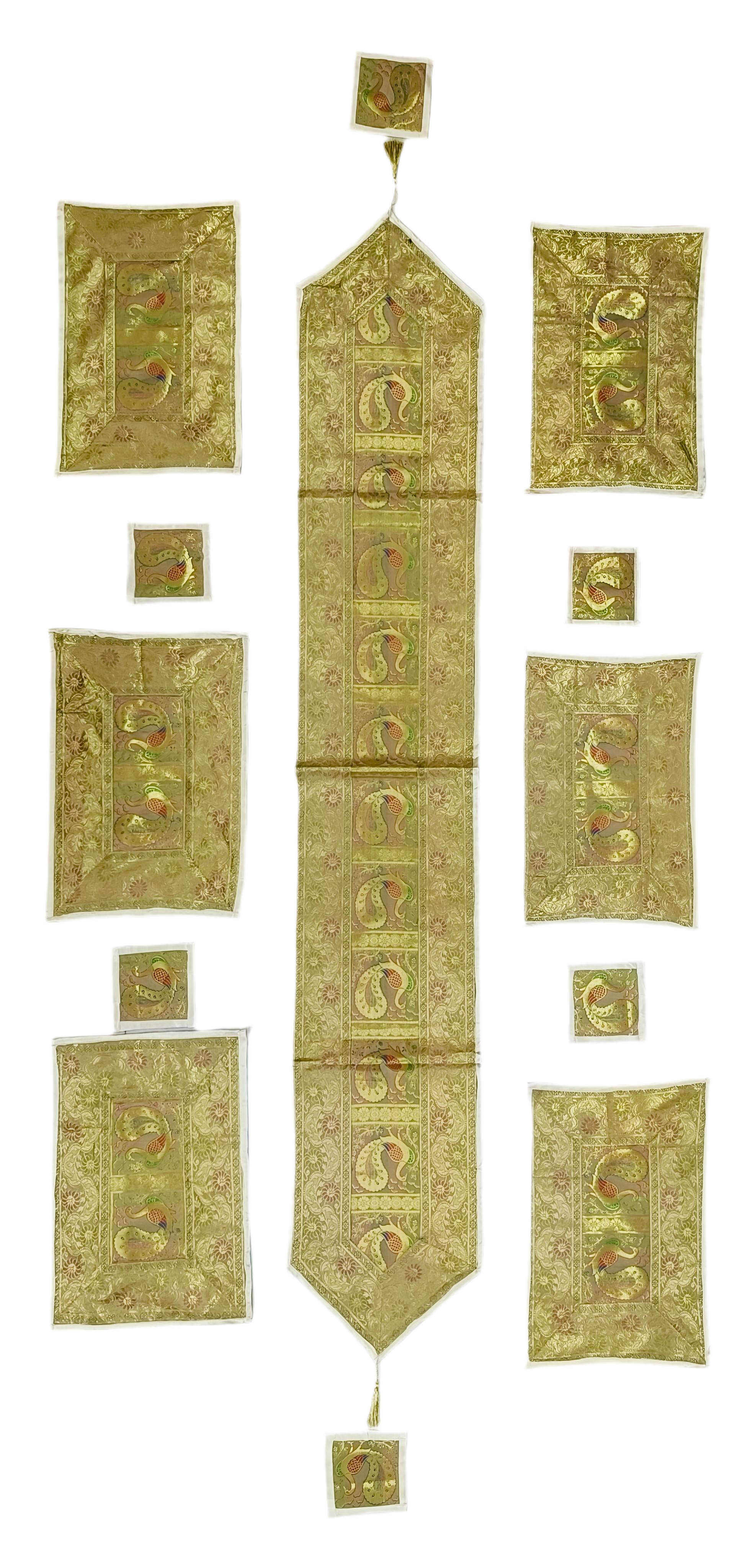 Diwali Gift Box with Banarasi Zari Table Runner, Set Of 6 Mats, 6 coaster & 2 laddoo candles