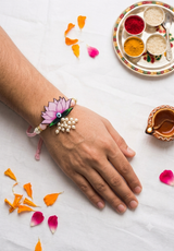 Bhaiya-Bhabhi Rakhi Gift Box – Handcrafted Lotus Rakhi & Swan Lumba Rakhi with Roli Chawal for Raksha Bandhan