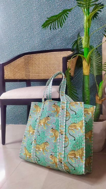 Handblock Printed Quilted Tote Bag without zip/button 17x18x 6 inches