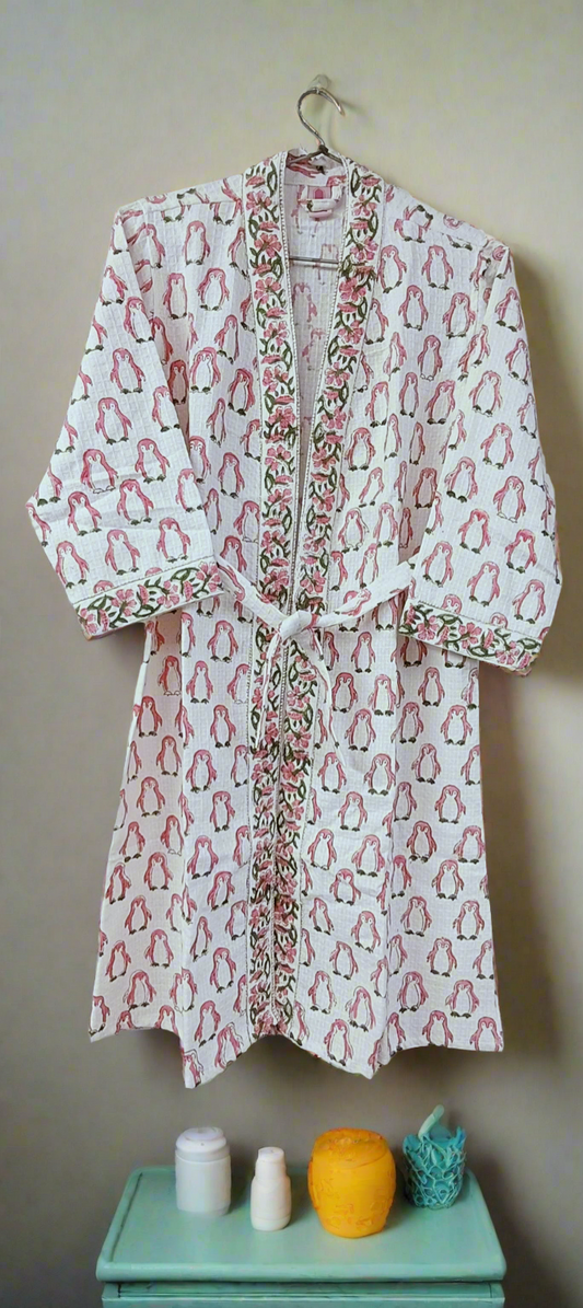 Handblock printed waffle cotton bathrobe for kids - 4-13 years old