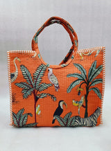 Handblock Printed Cotton Tote Bag with Unique Moon-Shaped Handle- 14x14x6 inches