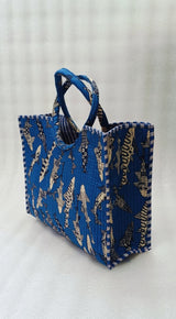 Handblock Printed Cotton Tote Bag with Unique Moon-Shaped Handle- 14x14x6 inches