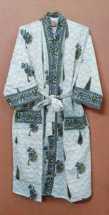 Waffle Cotton Handblock Printed Unisex Bathrobe - Free Size