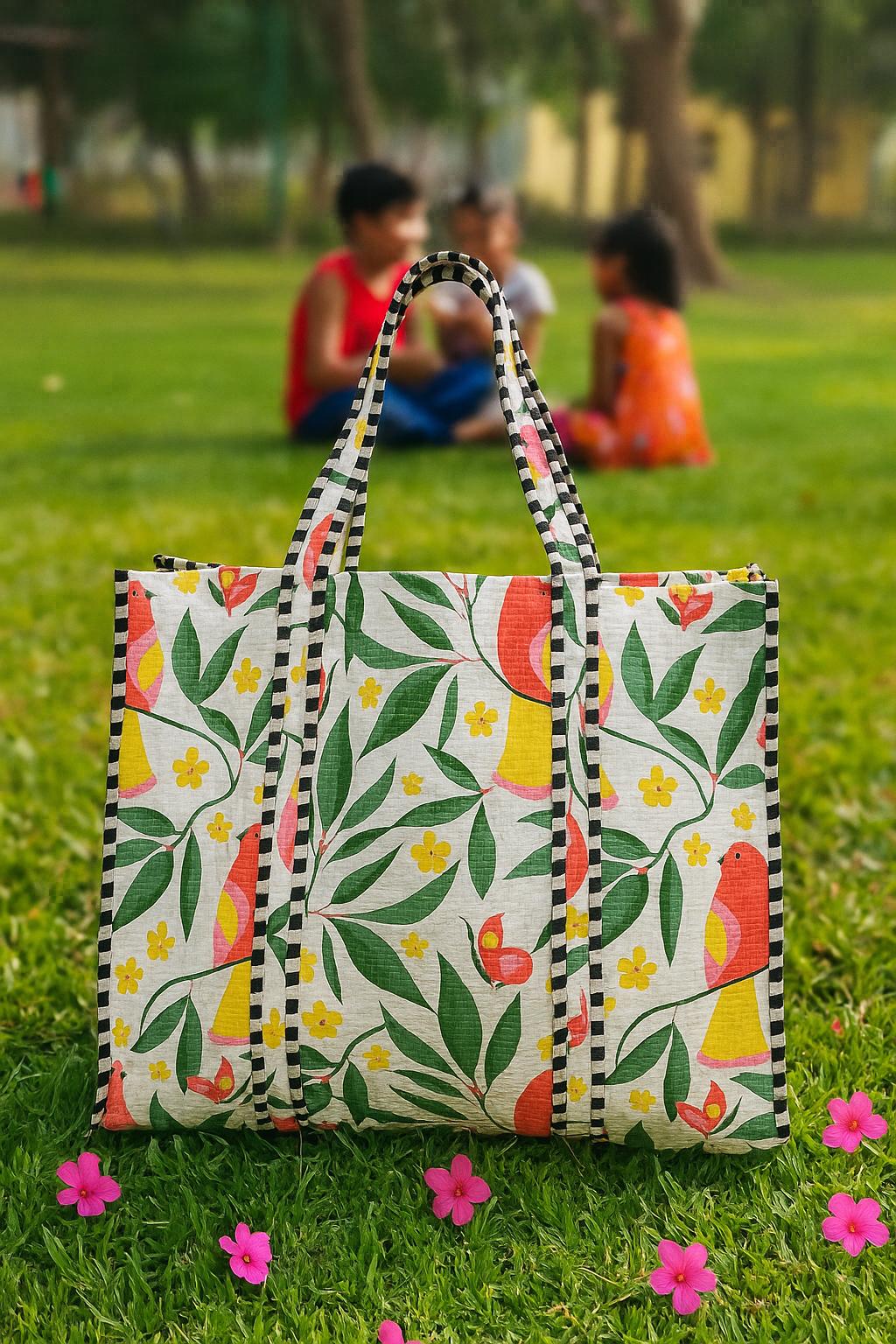 Handblock Printed Quilted Tote Bag without zip/button 17x18x 6 inches