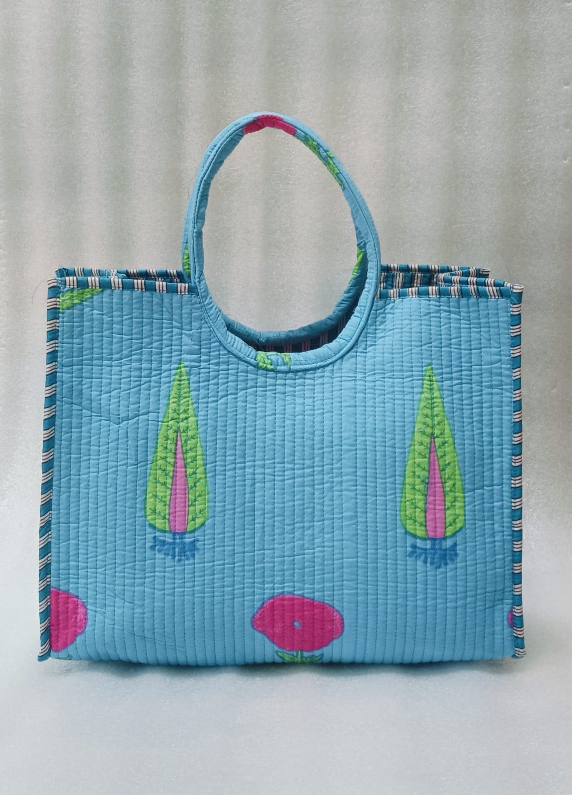 Handblock Printed Cotton Tote Bag with Unique Moon-Shaped Handle- 14x14x6 inches