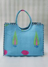 Handblock Printed Cotton Tote Bag with Unique Moon-Shaped Handle- 14x14x6 inches