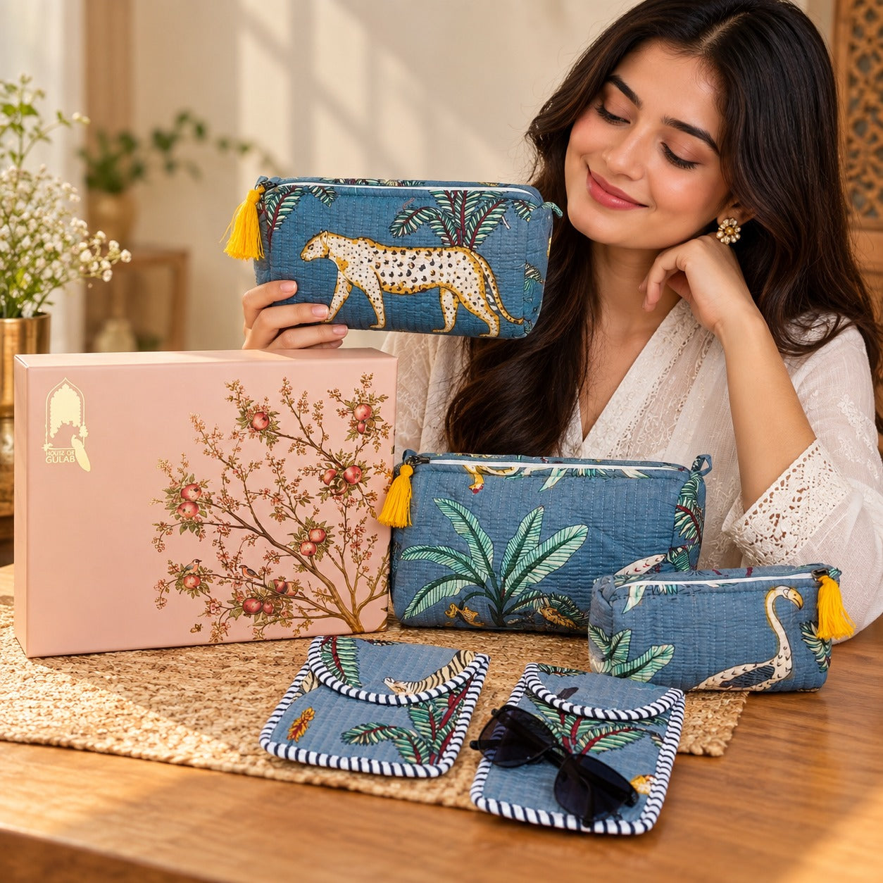 Diwali Gift Box Set of 5 Utility Pouches with Set of 2 Metal Diya (3 Makeup Pouches, 1 Sunglass Pouch, 1 Sanitary Napkin Pouch