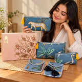 Diwali Gift Box Set of 5 Utility Pouches with Set of 2 Metal Diya (3 Makeup Pouches, 1 Sunglass Pouch, 1 Sanitary Napkin Pouch