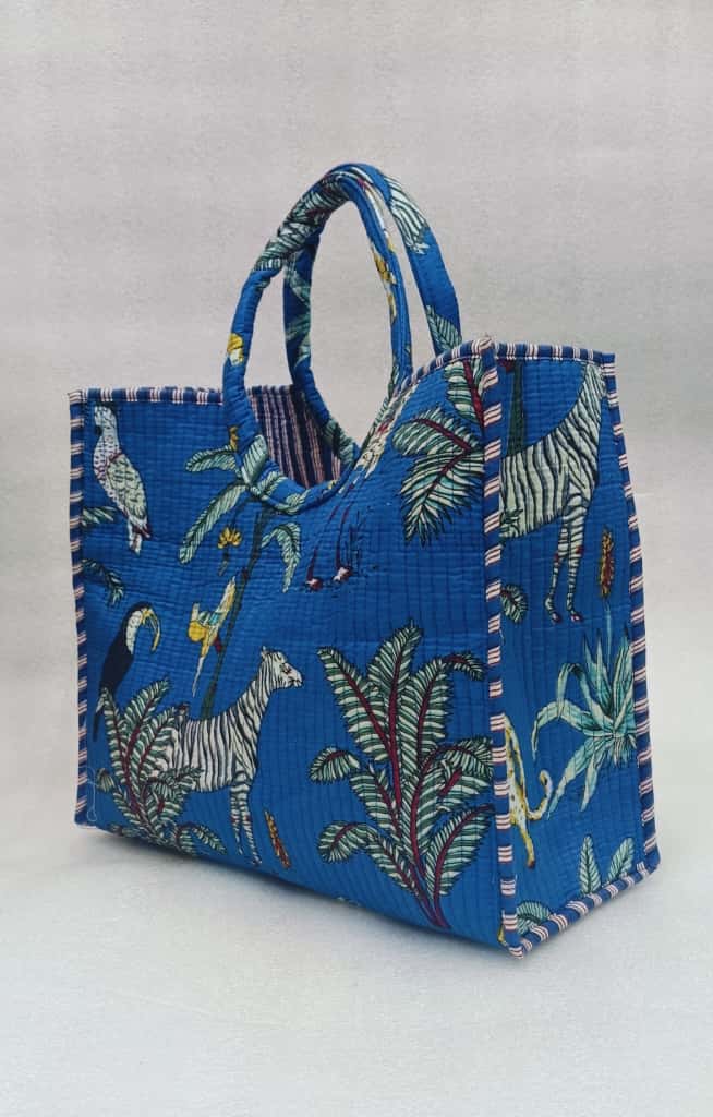 Handblock Printed Cotton Tote Bag with Unique Moon-Shaped Handle- 14x14x6 inches