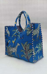 Handblock Printed Cotton Tote Bag with Unique Moon-Shaped Handle- 14x14x6 inches