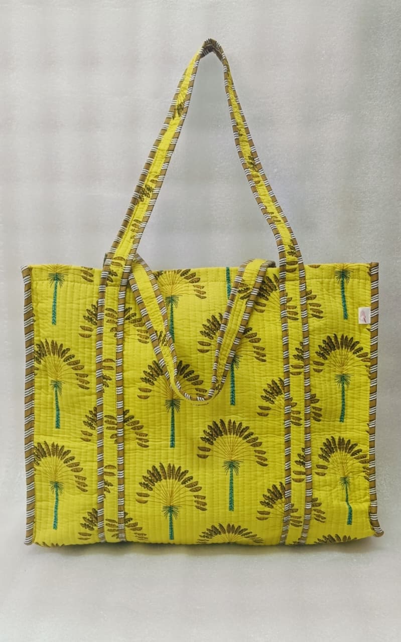 Handblock Printed Quilted Tote Bag without zip/button 17x18x 6 inches