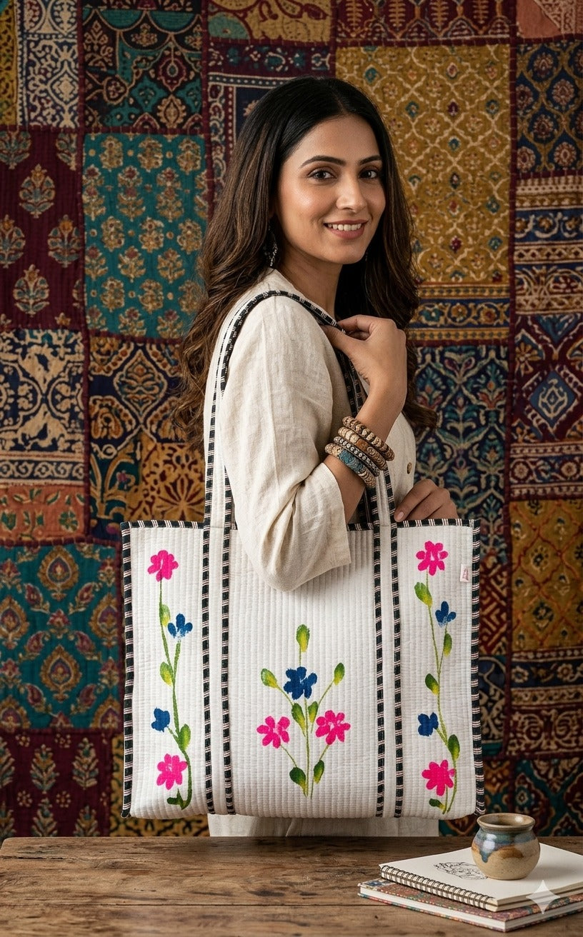 Hand-Painted Floral Tote Bag – Double-Sided Artisan Cotton Tote | Spacious Everyday Carry Bag (No Zip)- 17x18x6 inches