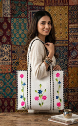 Hand-Painted Floral Tote Bag – Double-Sided Artisan Cotton Tote | Spacious Everyday Carry Bag (No Zip)- 17x18x6 inches