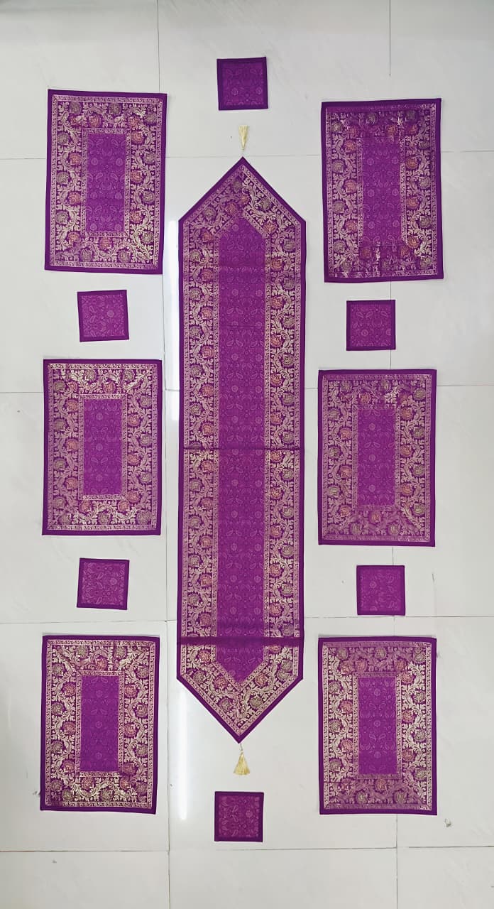 Diwali Gift Box with Banarasi Zari Table Runner, Set Of 6 Mats, 6 coaster, 6 inch Metal Urli