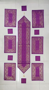 Diwali Gift Box with Banarasi Zari Table Runner, Set Of 6 Mats, 6 coaster, 6 inch Metal Urli