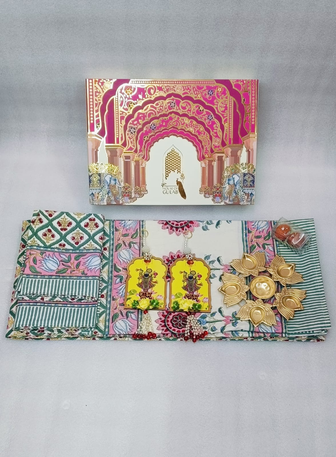 Diwali Gift Box | 1 Double Bedsheet, 1 Pair Door Hanging, 1 Metal Urli, 2 Laddoo Candles