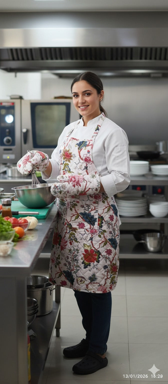 Cotton Unisex 1 Apron with 2 Microwave Gloves, 1 Roti Cover & 1 Microwave Pot Holder Trivets