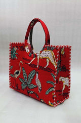 Handblock Printed Cotton Tote Bag with Unique Moon-Shaped Handle- 14x14x6 inches