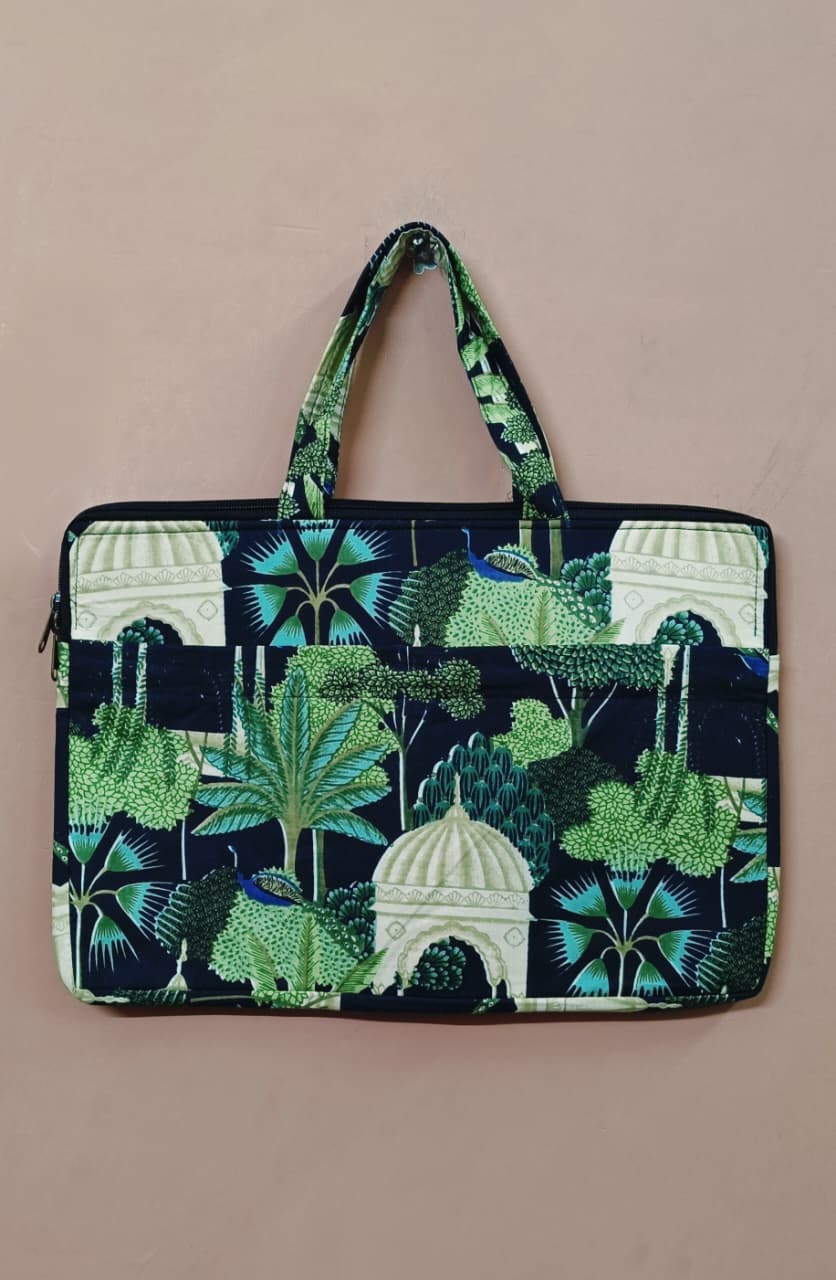 Laptop Bag with Handle -100% Cotton with handblock print and cushion support - 13-15 inches