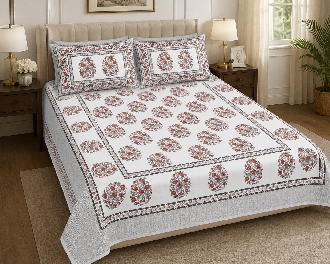 Gift Box with Handblock Print Super King Bedsheet in Extra Soft Percale Cotton with 2 Pillow covers