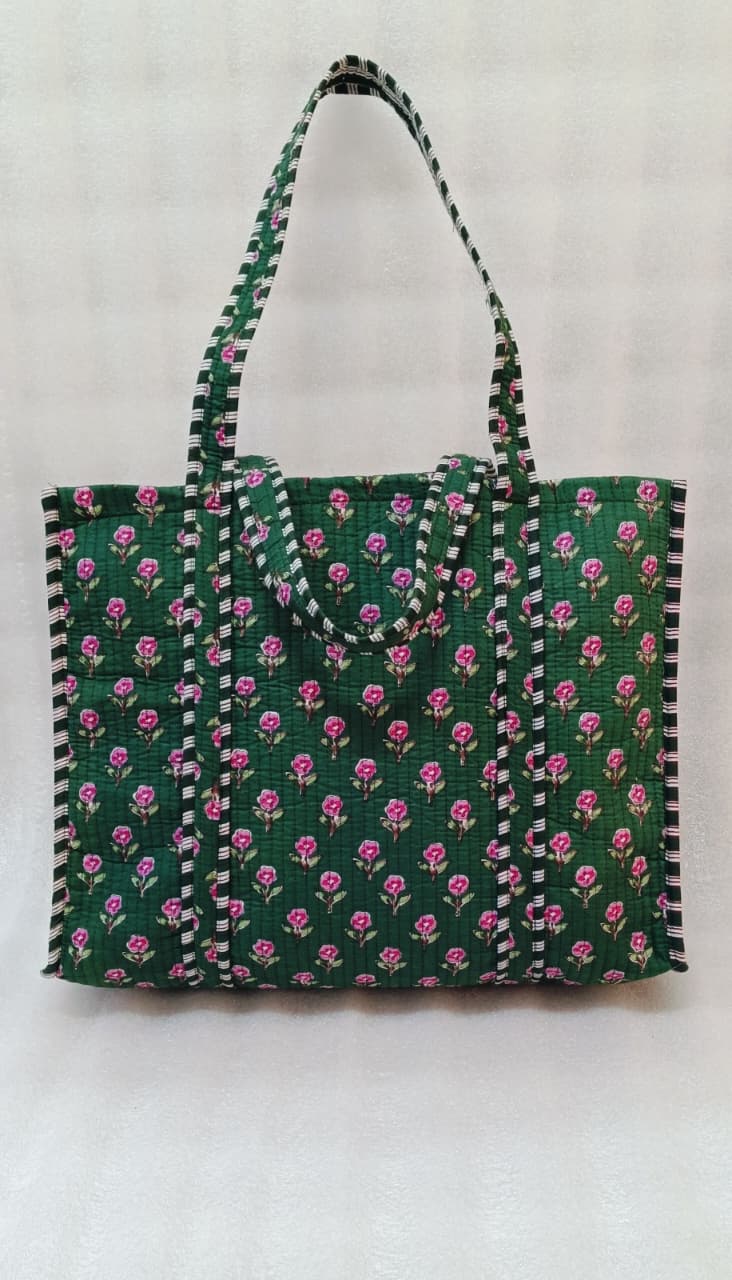 Handblock Printed Quilted Tote Bag without zip/button 17x18x 6 inches