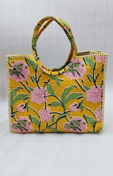 Handblock Printed Cotton Tote Bag with Unique Moon-Shaped Handle- 14x14x6 inches