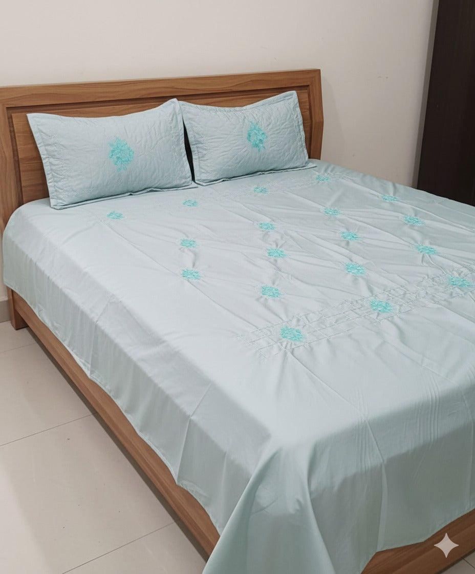 Embroidered Bedsheet Set with 2 Quilted Pillow Covers (108 × 108)