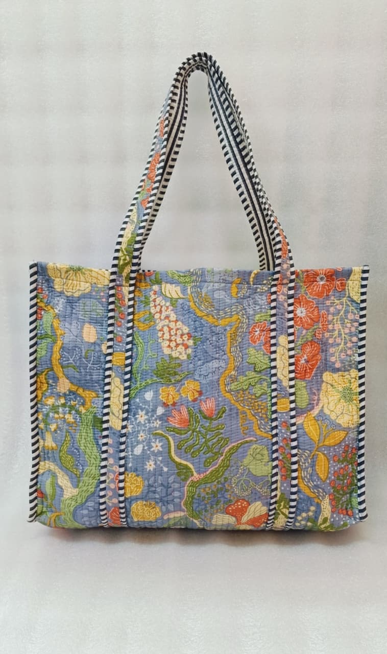 Handblock Printed Quilted Tote Bag without zip/button 17x18x 6 inches