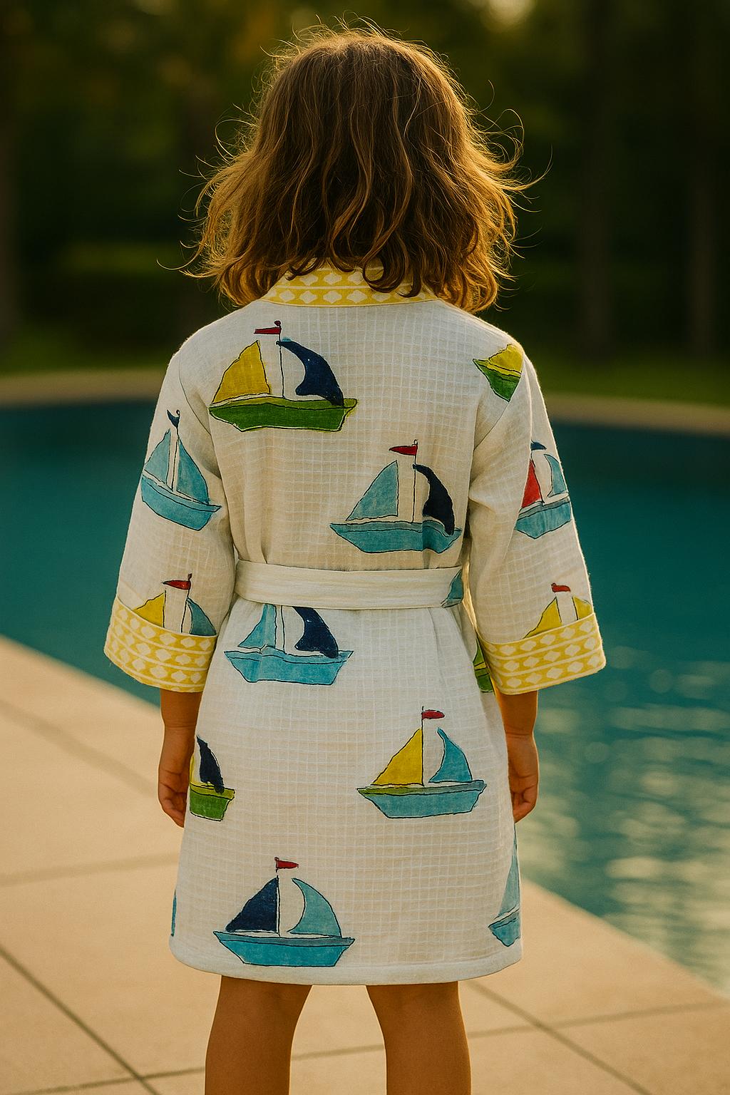 Handblock printed waffle cotton bathrobe for kids - 4-13 years old