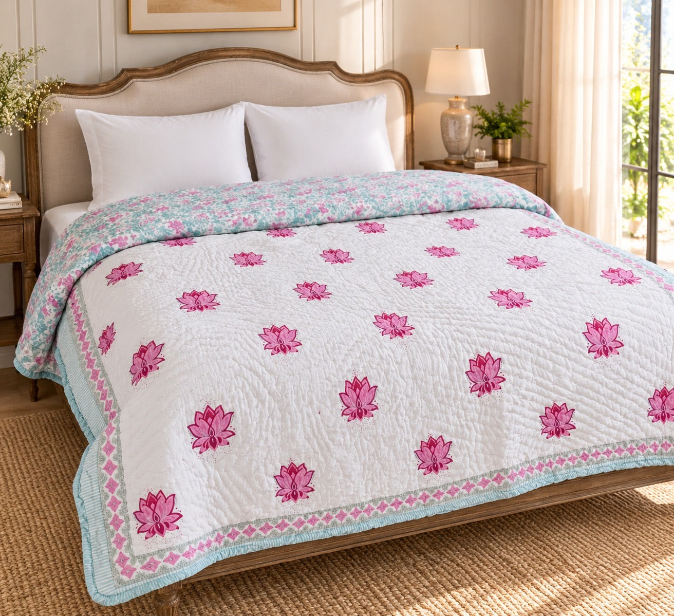 Double King Size Handblock Printed Quilted Jaipuri Reversible Razai/Quilt
