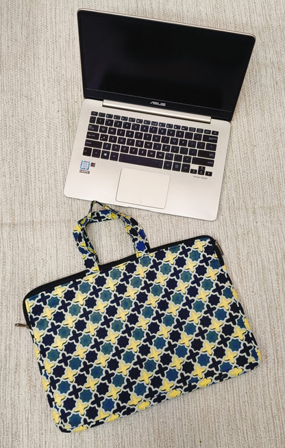 Laptop Bag with Handle -100% Cotton with handblock print and cushion support - 13-15 inches