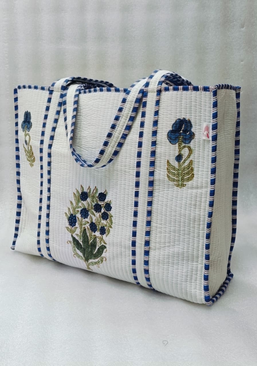Classic White Block Printed Quilted Tote Bag without zip/button 17x18x 6 inches