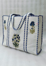 Classic White Block Printed Quilted Tote Bag without zip/button 17x18x 6 inches