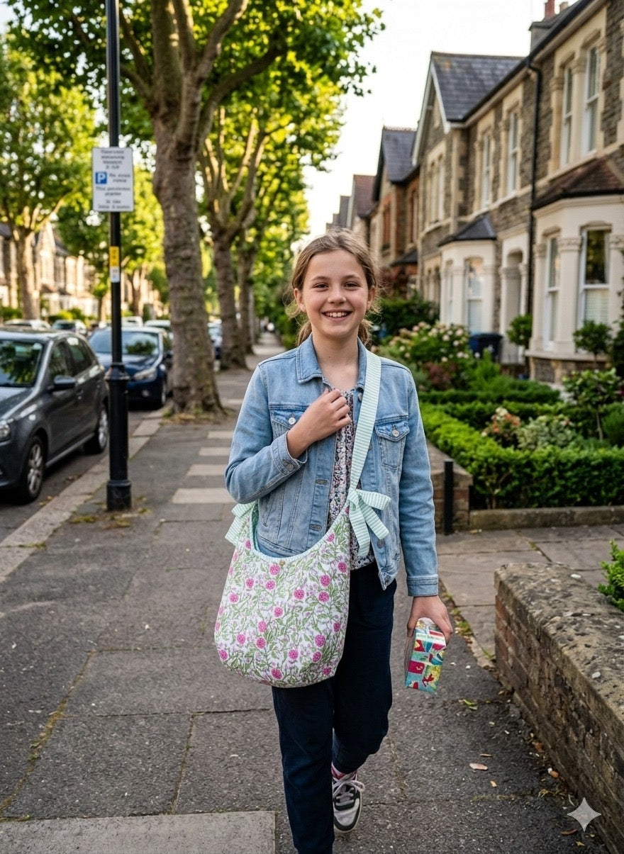Quilted Handblock printed Slouch Shoulder Bag with bow