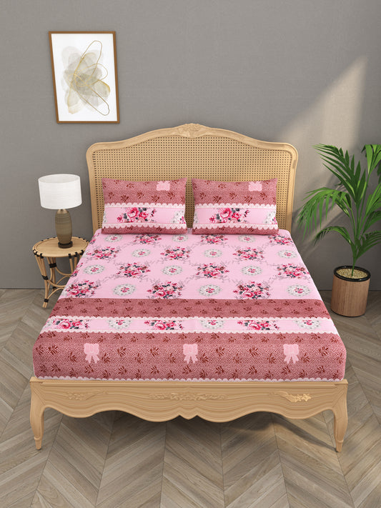 House of Gulab 100% Cotton Double Bedsheet (Floral, Pink)