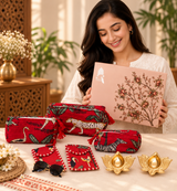Diwali Gift Box Set of 5 Utility Pouches with Set of 2 Metal Diya (3 Makeup Pouches, 1 Sunglass Pouch, 1 Sanitary Napkin Pouch