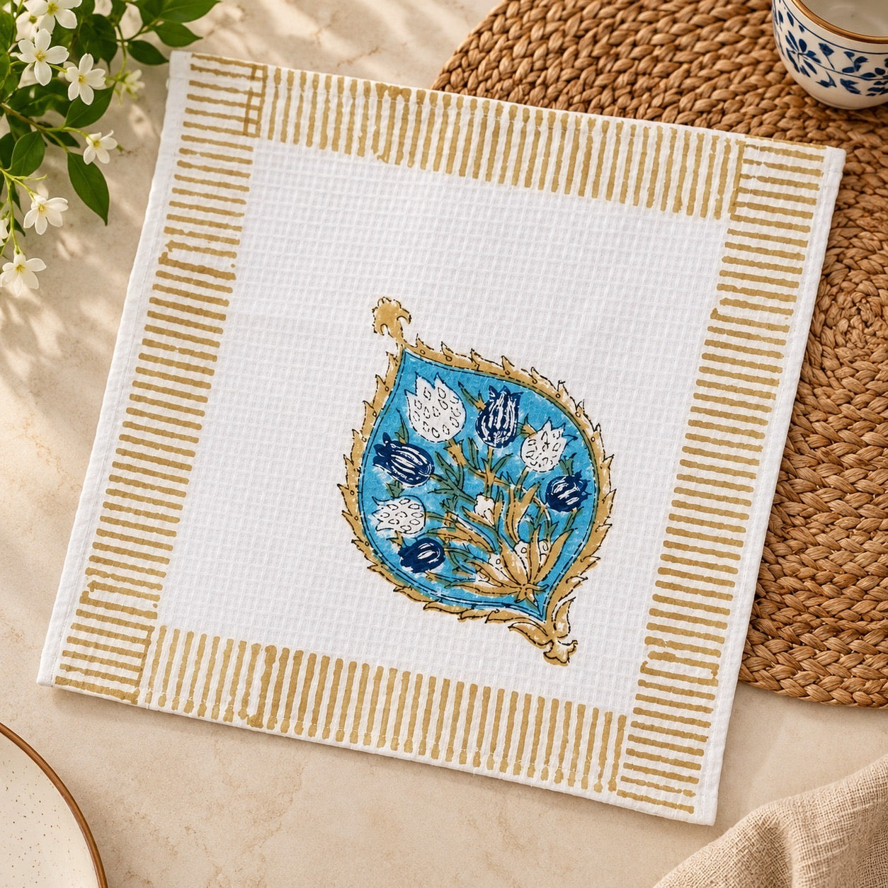 Diwali Gift Box | 1 Wooden Tray, Set of 6 Table Napkins, 6 Napkin Rings