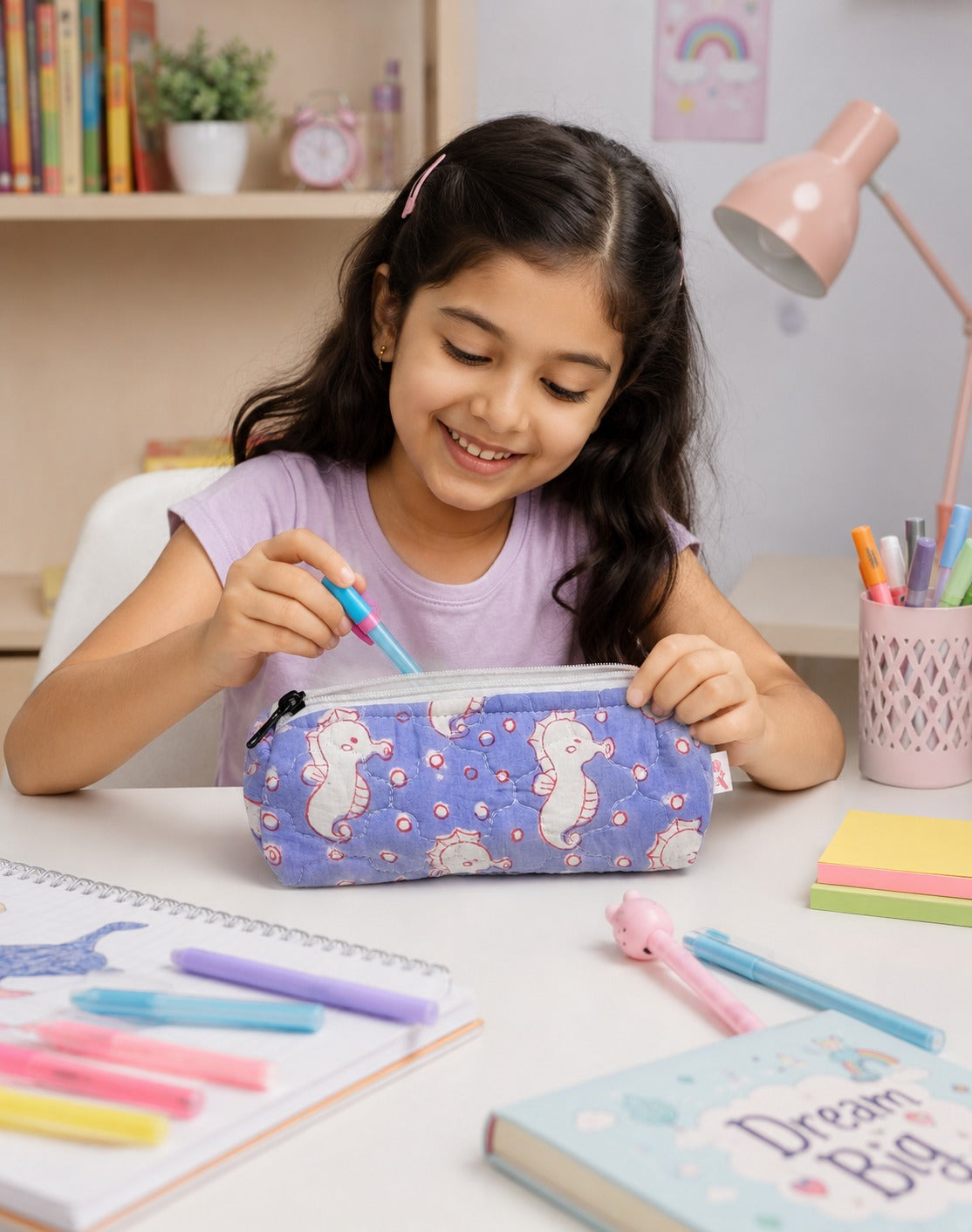 Handblock Printed Cotton Pencil Box Pouch with Zip Closure