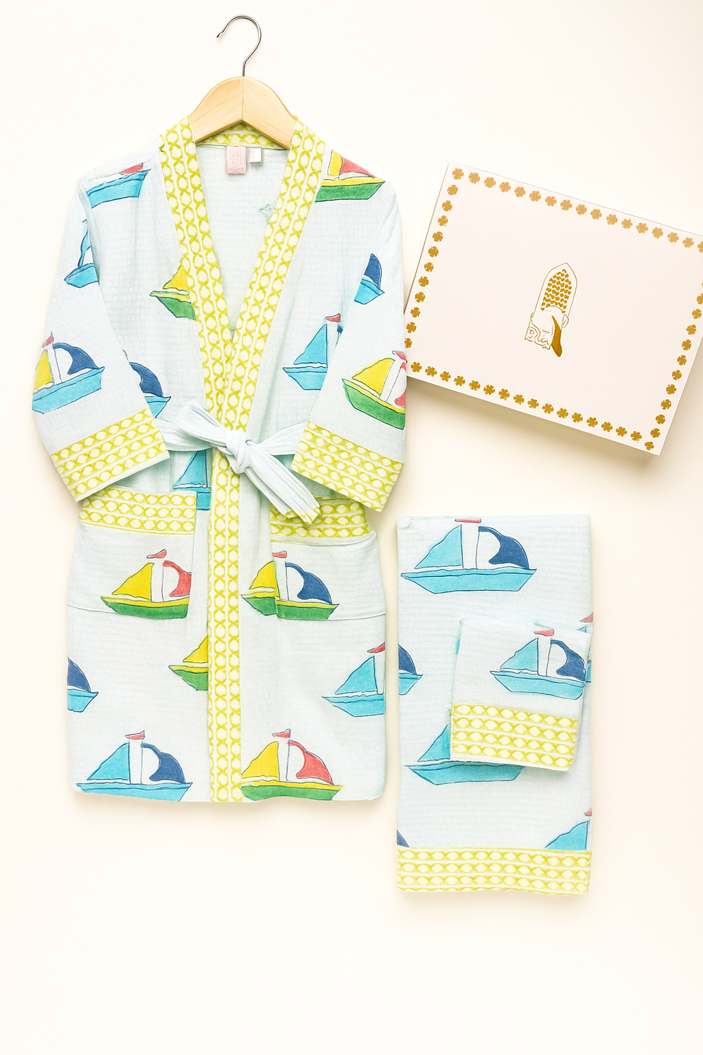 Handblock Printed Waffle Cotton Bathrobe Gift Box for Kids (4-13 Years) – Includes Bath Towel & 2 Hand Towels