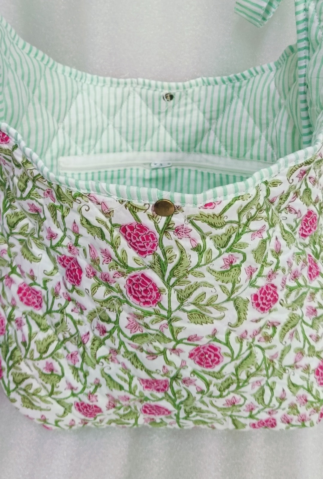 Quilted Handblock printed Slouch Shoulder Bag with bow
