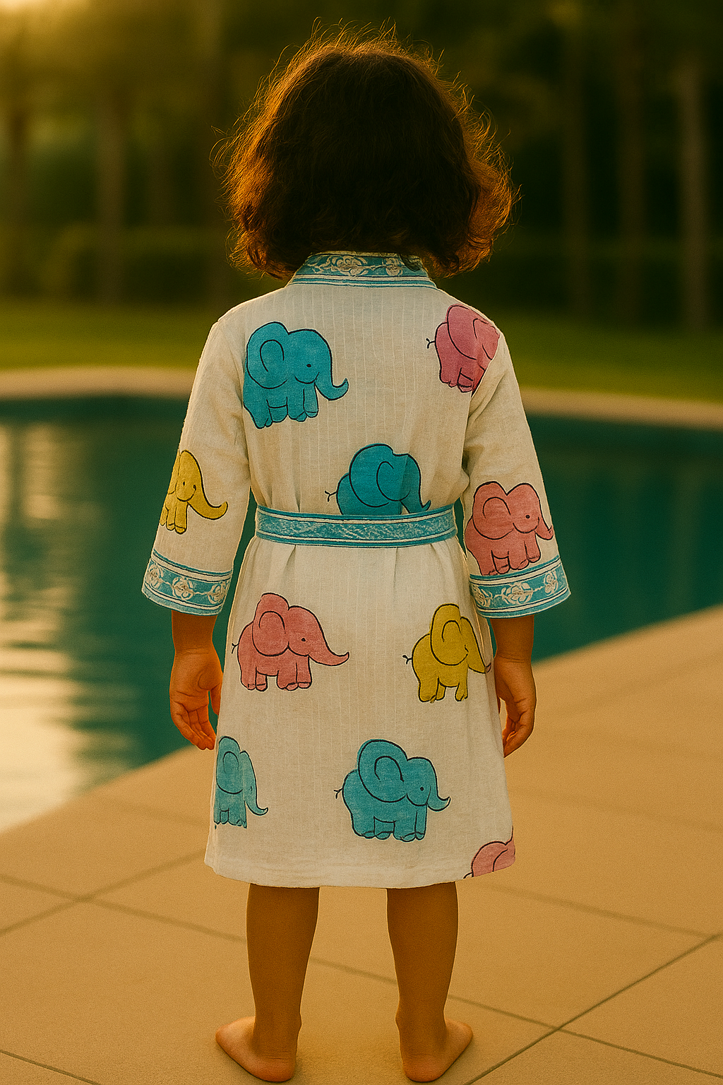 Handblock printed waffle cotton bathrobe for kids - 4-13 years old