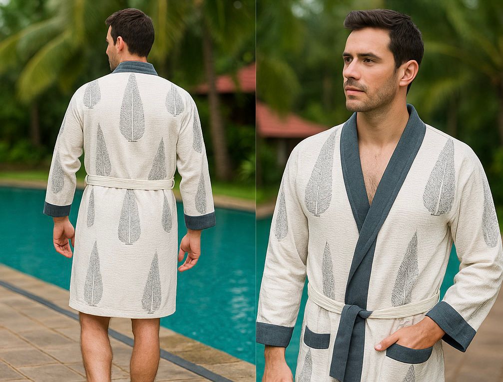Waffle Cotton Handblock Printed Unisex Bathrobe - Free Size