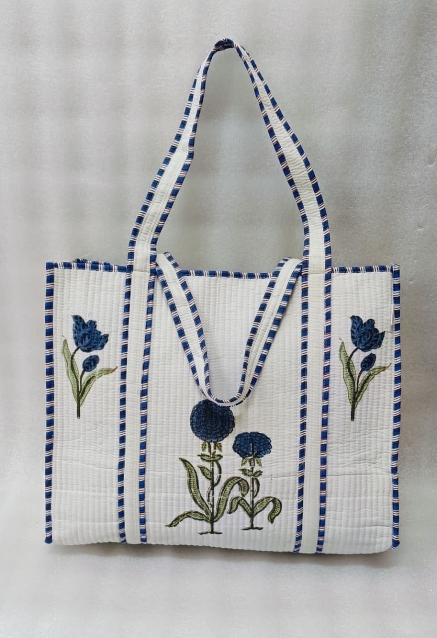 Classic White Block Printed Quilted Tote Bag without zip/button 17x18x 6 inches