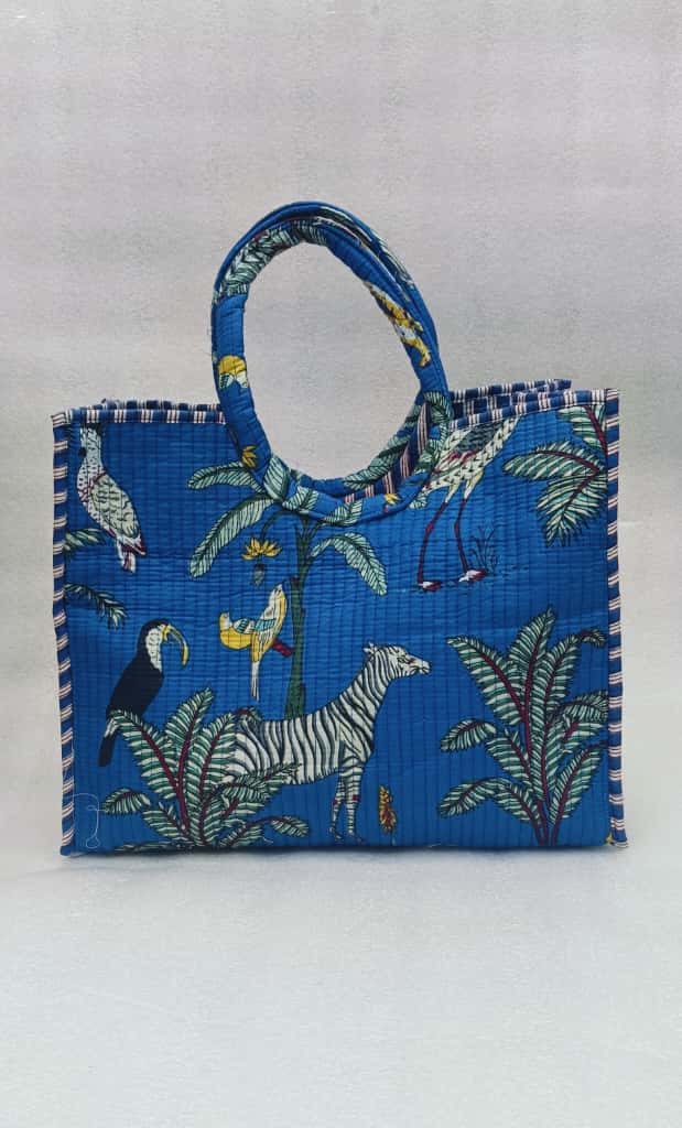 Handblock Printed Cotton Tote Bag with Unique Moon-Shaped Handle- 14x14x6 inches
