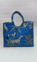 Handblock Printed Cotton Tote Bag with Unique Moon-Shaped Handle- 14x14x6 inches