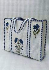 Classic White Block Printed Quilted Tote Bag without zip/button 17x18x 6 inches