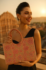 Handblock Printed Cotton Tote Bag with Unique Moon-Shaped Handle- 14x14x6 inches